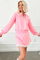 Pink Peter Pan Collar Pullover Lace Embellished Mini Skirt Set