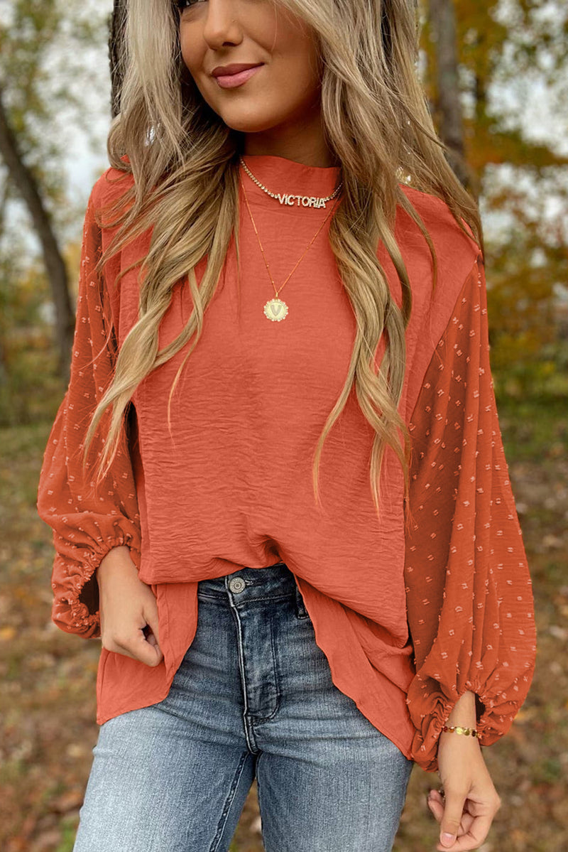 Russet Orange Swiss Dot Balloon Sleeve Patchwork Crinkle Blouse