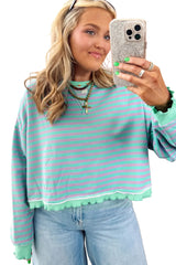 Green Stripe Exposed Seam Contrast Ribbed Trim Oversize Sweatshirt