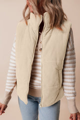 Beige Corduroy Stand Neck Zipped Puffer Vest