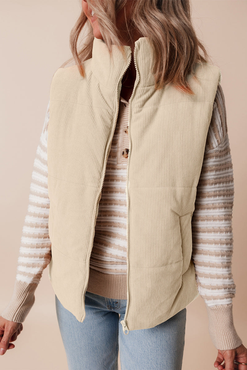 Beige Corduroy Stand Neck Zipped Puffer Vest
