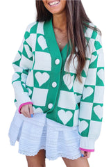 Sea Green Heart Checkered Pattern V Neck Knit Cardigan