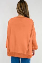 Grapefruit Orange Floral Bow Patched Exposed Seam Patchwork Slit Baggy Sweatshirt