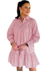 Black Striped Shirt Collar Ruffle Hem Long Sleeve Dress
