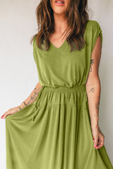 Fern Green Solid V Neck Cap Sleeve Tunic Elastic Waist Versatile Maxi Dress