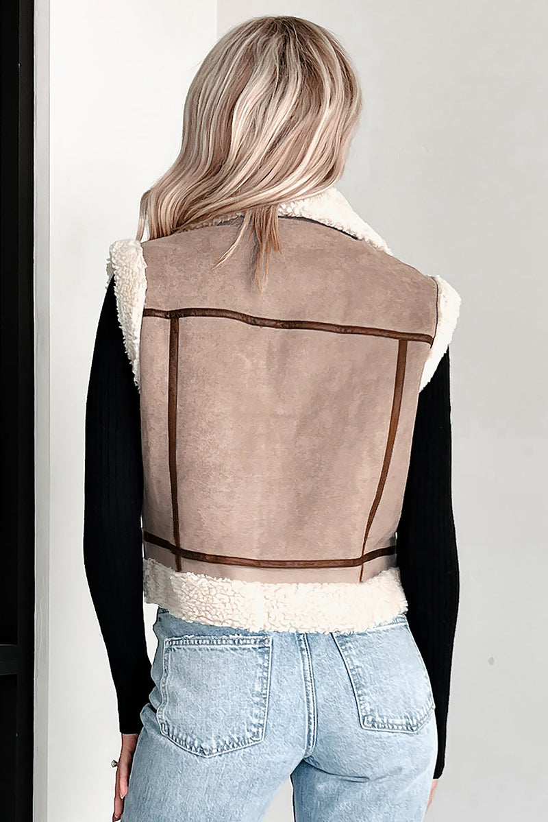Dark Khaki Sherpa Lined Faux Suede Lapel Collar Vest