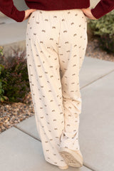 Apricot Bow Print Drawstring Elastic Waist Loose Corduroy Pants