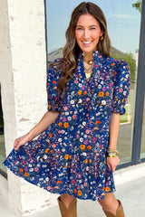 Blue Wild Daisy Floral Split Neck Short Puff Sleeve Mini Dress