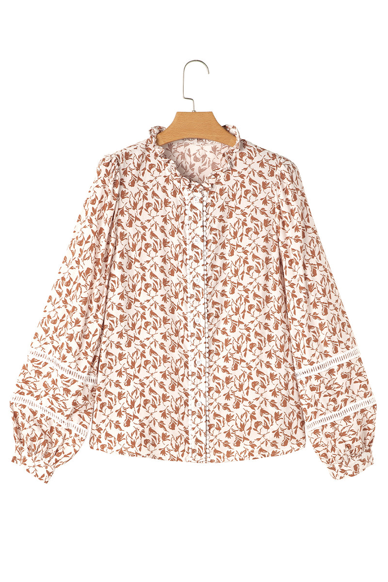Khaki Printed Floral Print Lace Detail Puff Sleeve Fall Shirt