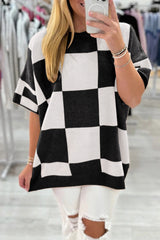 Black Checkered Pattern Loose Short Sleeve Sweater