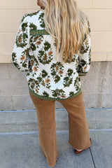 Green Plus Size Floral Printed Contrast Patchwork Detail Tassel Tie 3/4 Sleeve Blouse