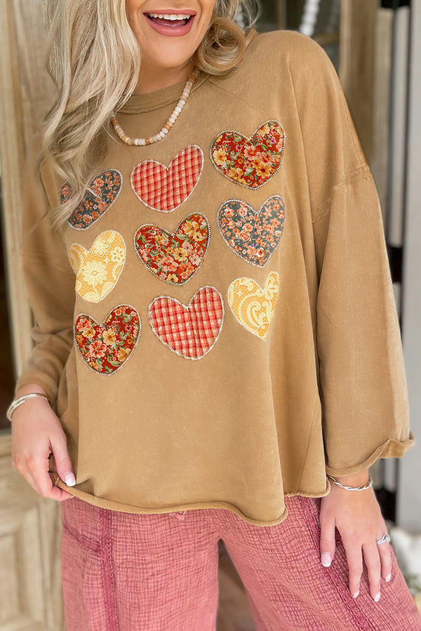Straw Yellow Plaid Floral Heart Stitched Exposed Seam Mineral Wash Sweatshirt