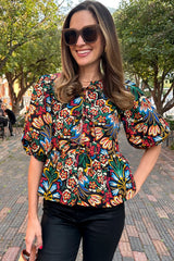 Black Bohemian Tropical Print Front Tie V-Neck Bubble Sleeve Blouse