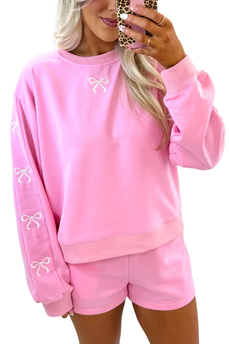 Sachet Pink Bow Embroidery Long Sleeve Pullover and High Waist Shorts Set