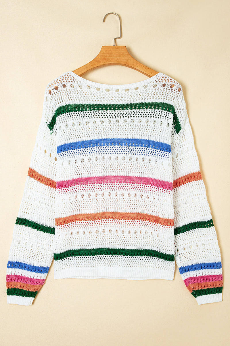 White Colorblock Striped Pointelle Knit Sweater