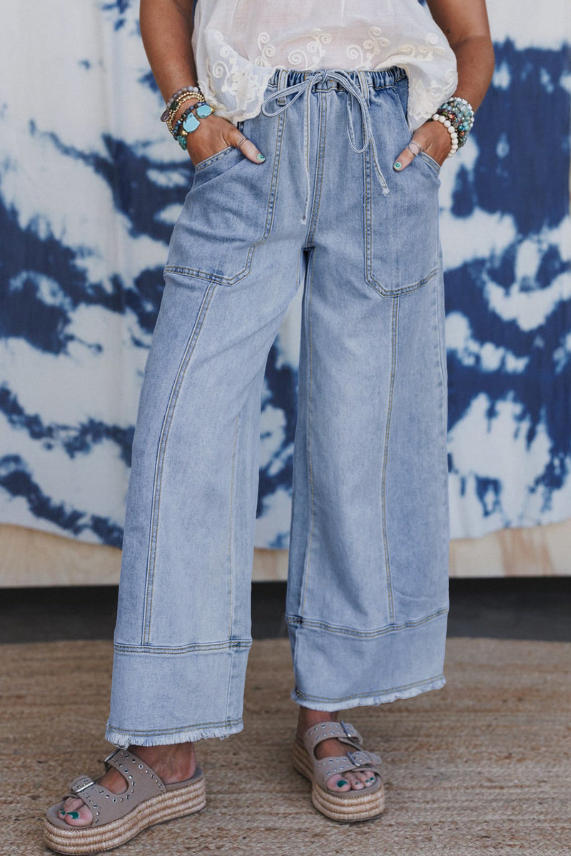 Prussian Blue Drawstring Seam Detail Raw Hem Wide Leg Jeans