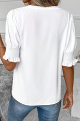 White V Neck Plain Smocked Cuffs Blouse