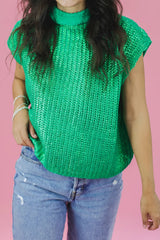 Bright Green Solid Color Metallic Knit High Neck Short Sleeve Sweater