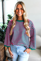 Racing Red Striped Round Neck Contrast Trim Bell Sleeve Top