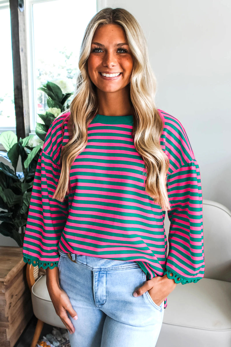 Racing Red Striped Round Neck Contrast Trim Bell Sleeve Top