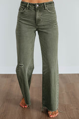 Green Slight Distressed Raw Edge Wide Leg Jeans