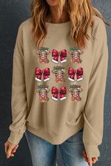 Khaki Christmas Heifer Bow Knot Print Womens Casual Sweatshirt