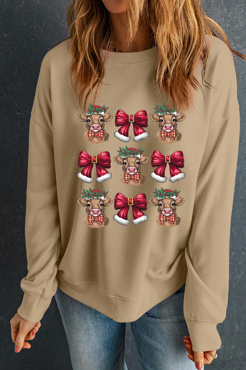 Khaki Christmas Heifer Bow Knot Print Womens Casual Sweatshirt