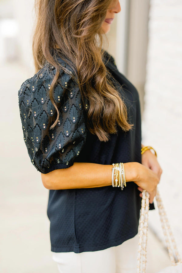 Black Bubble Sleeve Patchwork Textured Top