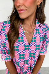 Pink Geometric Print V-Neck Ricrac Trim Mini Dress