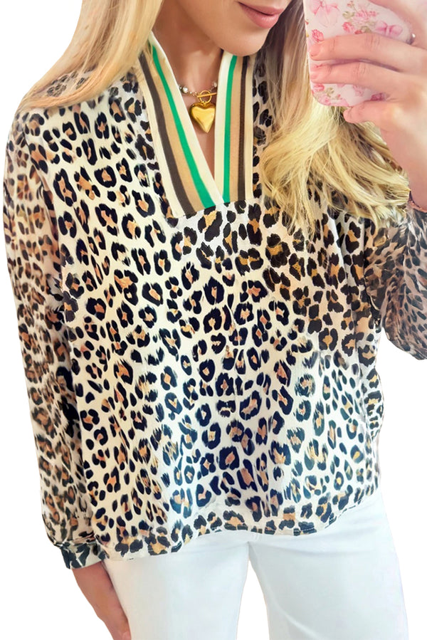 Khaki Leopard Print Long Sleeve Striped V Neck Top