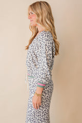 Gray Leopard Contrast Trim Long Sleeve Pullover and Pants Set