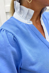 Sky Blue Striped Frilled Collar Short Sleeve Top