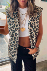 Brown Allover Leopard Print Open Front Jacket Vest
