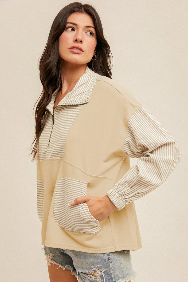 Khaki Stripe Patchwork Pocket Plus Size Long Sleeve Top