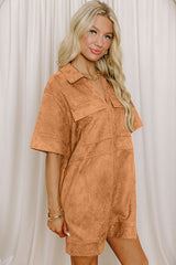 Thai Curry Collared V Neck Faux Suede Short Sleeve Shift Mini Dress