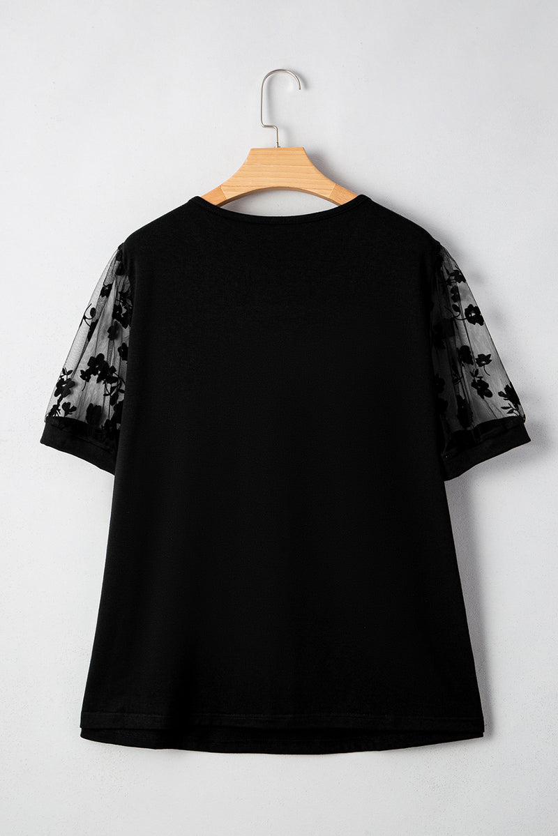 Black Plus Size Floral Mesh Patchwork Loose V Neck T Shirt