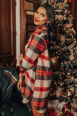 Red Plaid Button Front Side Slit Tunic Jacket