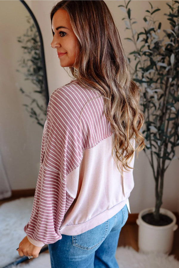 Pink Stripe Exposed Stitching Patchwork Casual Long Sleeve Top