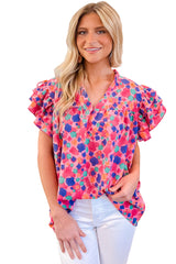 Rose Red Abstract Print Ruffle Sleeve V Neck Blouse