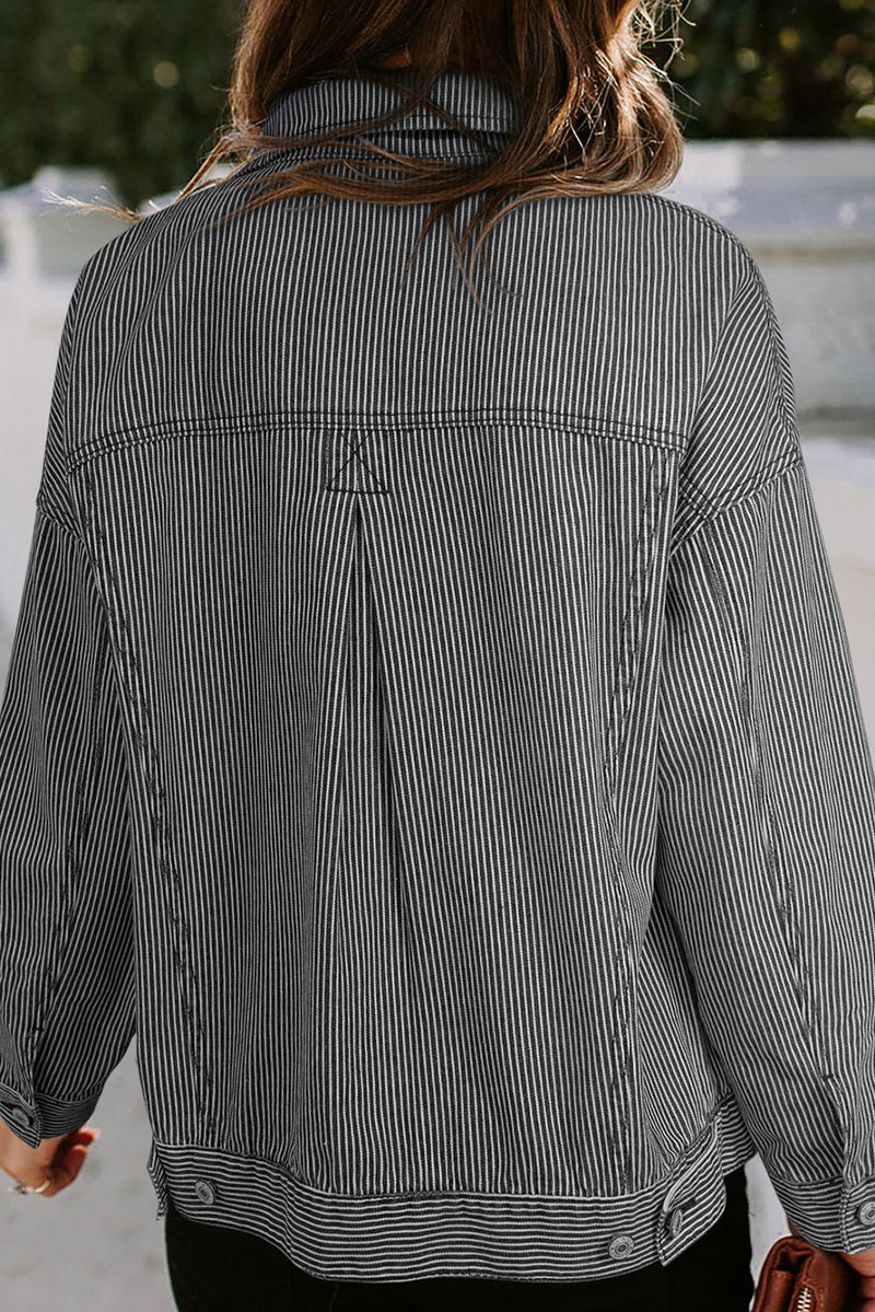 Sky Blue Stripe Washed Oversized Pocketed Denim Jacket