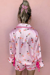 Pink Nutcracker Print Contrast Trim Bowknot Silk 2pcs Pajama Set