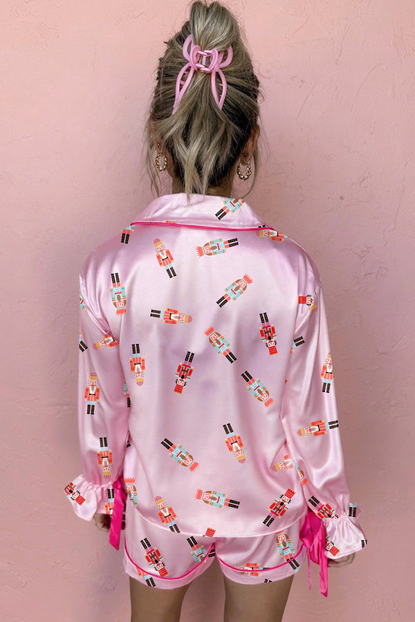 Pink Nutcracker Print Contrast Trim Bowknot Silk 2pcs Pajama Set