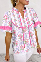 Purple Coquette Floral Bow Printed Contrast Ruffled Short Sleeve Blouse