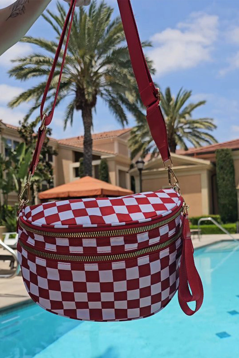 Fiery Red Checkered Print Wide Strap Large Crossbody Bag