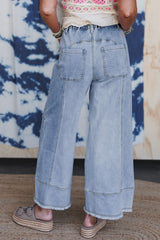 Prussian Blue Drawstring Seam Detail Raw Hem Wide Leg Jeans