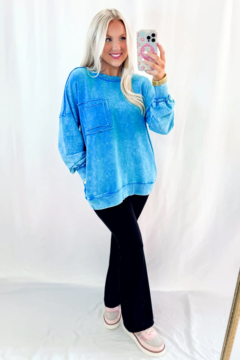 Blue Acid Washed Pocket Pullover Sweatshirt