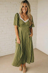 Green Polka Dot Print Lacy Neckline Smocked High Waist Maxi Dress