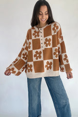 Red Dahlia Flower Colorblock Checkered Henley Sweater