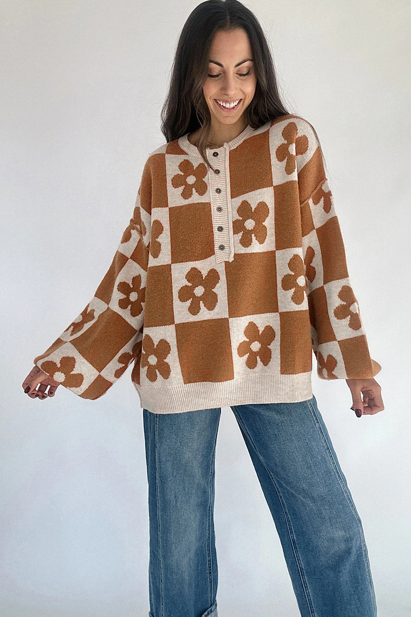 Red Dahlia Flower Colorblock Checkered Henley Sweater