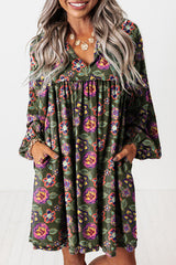 Green Floral Print Split Neck Bubble Sleeve Mini Dress